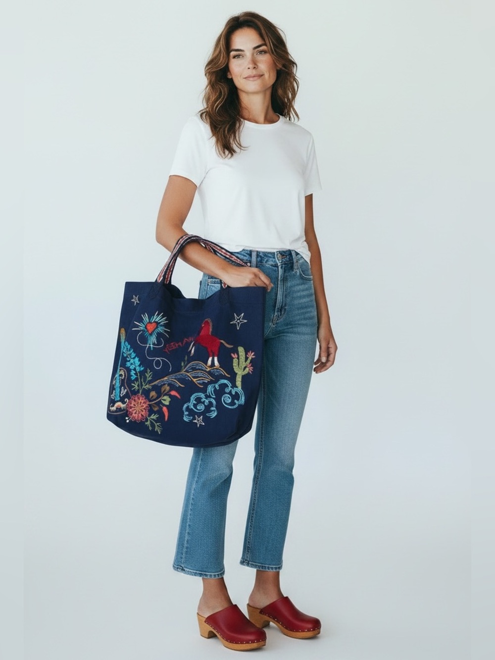 Johnny Was Texas Navy Embroidered Canvas Tote with Multicolor Floral Motif - Picture 3 of 10